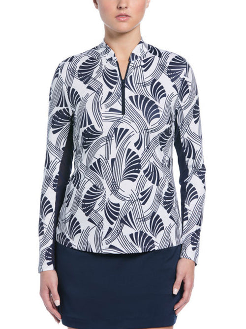 Ben Hogan Women's Leaf Print Sun Protection Long Sleeve Top - Bright White-GolfMaker