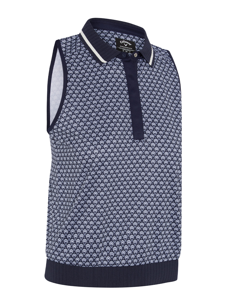 Callaway Women's Scarf Geo Print Rib Collar Sleeveless Polo - Peacoat