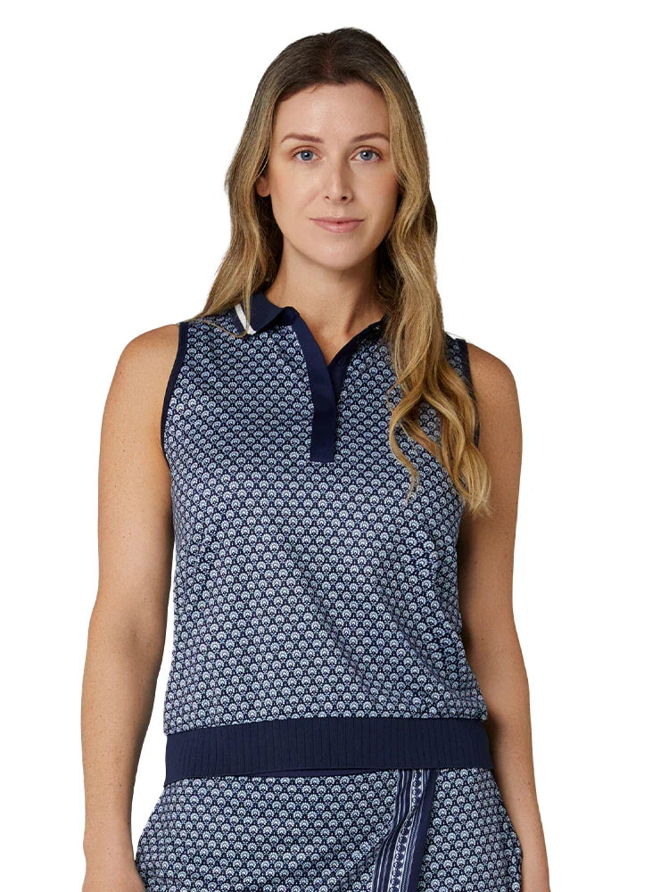 Callaway Women's Scarf Geo Print Rib Collar Sleeveless Polo - Peacoat
