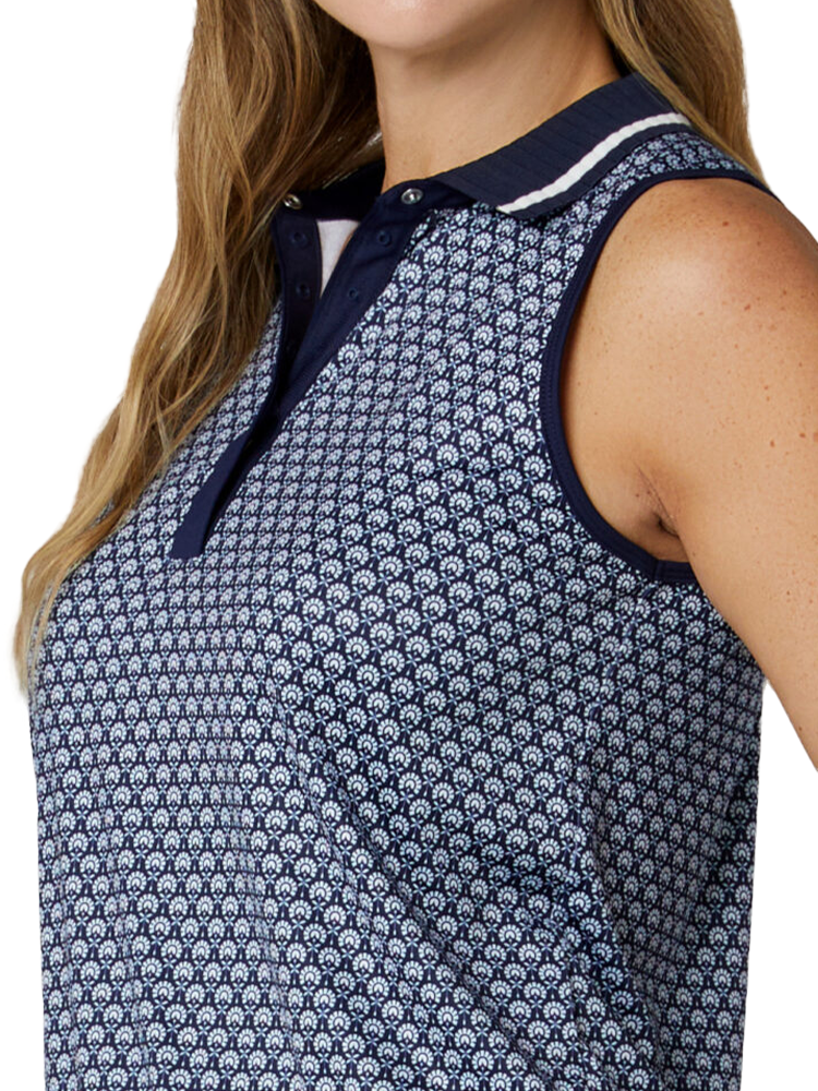 Callaway Women's Scarf Geo Print Rib Collar Sleeveless Polo - Peacoat