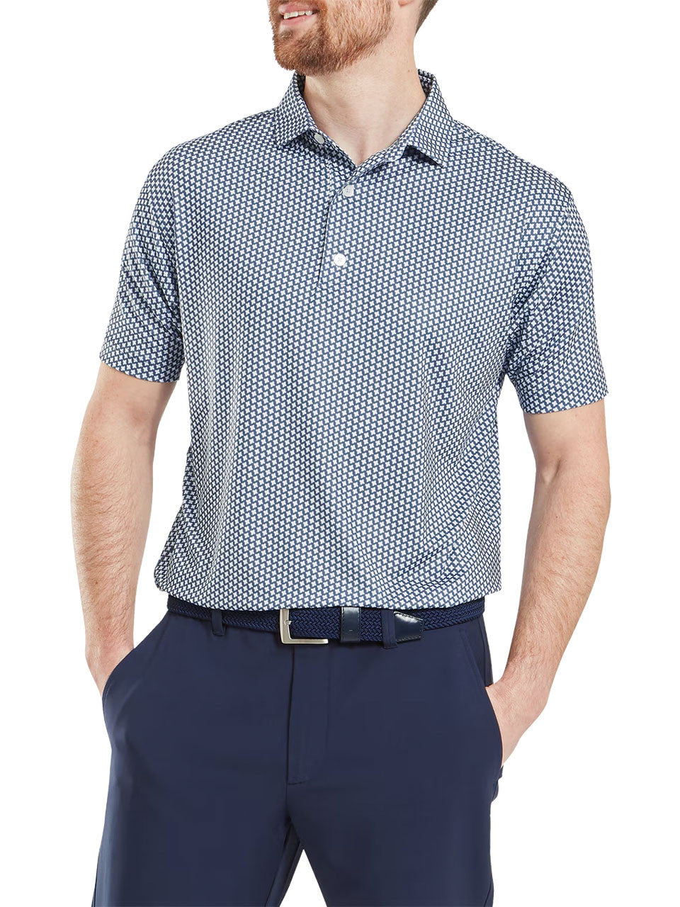 FootJoy Lisle Houndstooth Geo Print Polo Shirt (Athletic Fit) - Denim/Sky/White