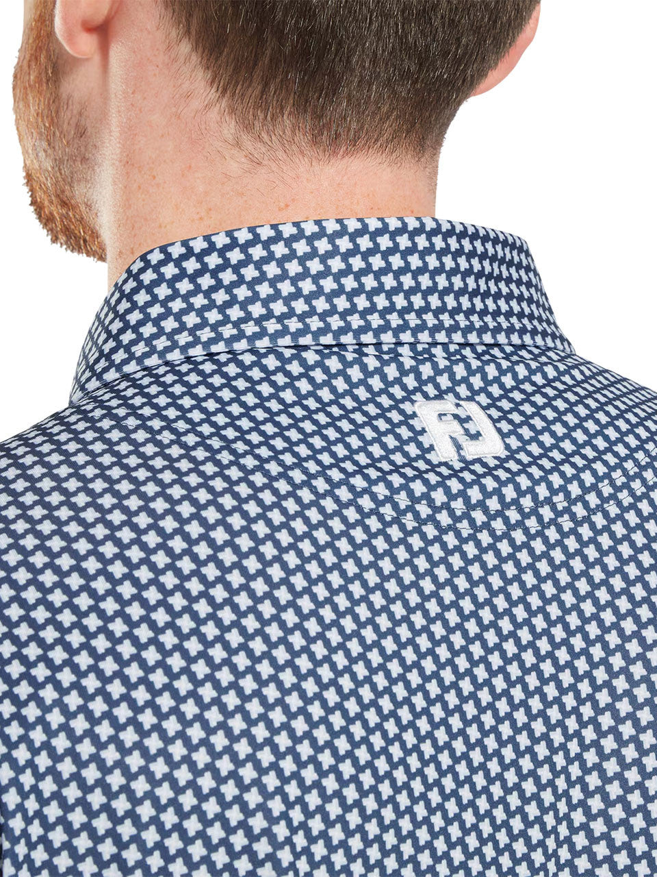 FootJoy Lisle Houndstooth Geo Print Polo Shirt (Athletic Fit) - Denim/Sky/White