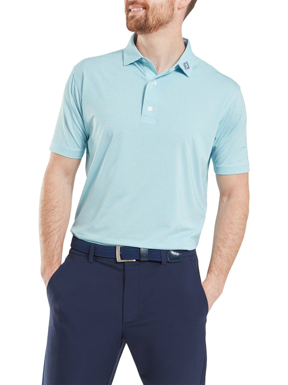 FootJoy Lisle Micro Feeder Stripe Polo Shirt (Athletic Fit) - Light Blue