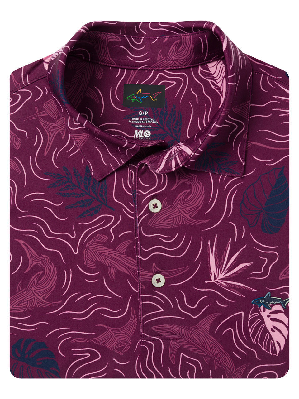 Greg Norman ML75 Stretch Tropical Sharks Polo - Grape Wine