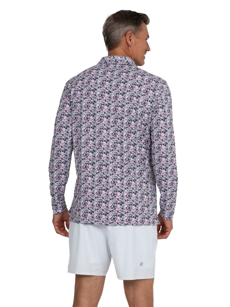 IBKUL Chaos Print Long Sleeve Polo - Lt. Pink/Charcoal