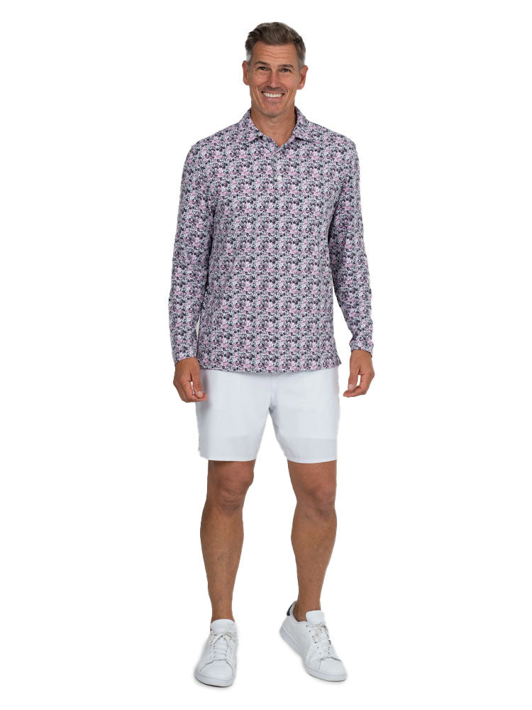 IBKUL Chaos Print Long Sleeve Polo - Lt. Pink/Charcoal