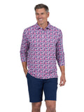 IBKUL Chaos Print Long Sleeve Polo - Watermelon/Ink