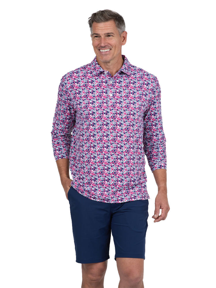 IBKUL Chaos Print Long Sleeve Polo - Watermelon/Ink