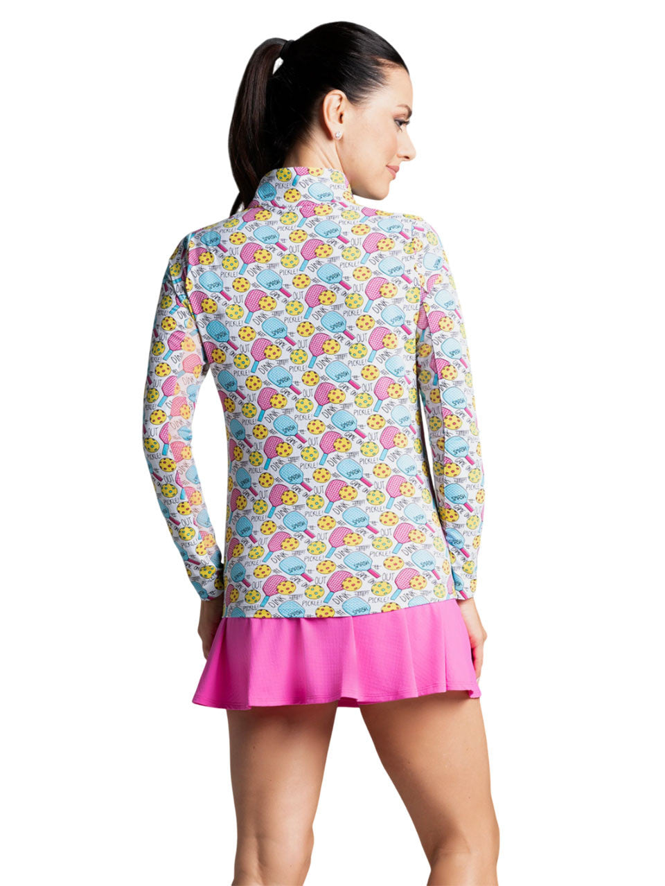 IBKUL Game On Print Long Sleeve Mock Neck Top - Raspberry/Turquoise