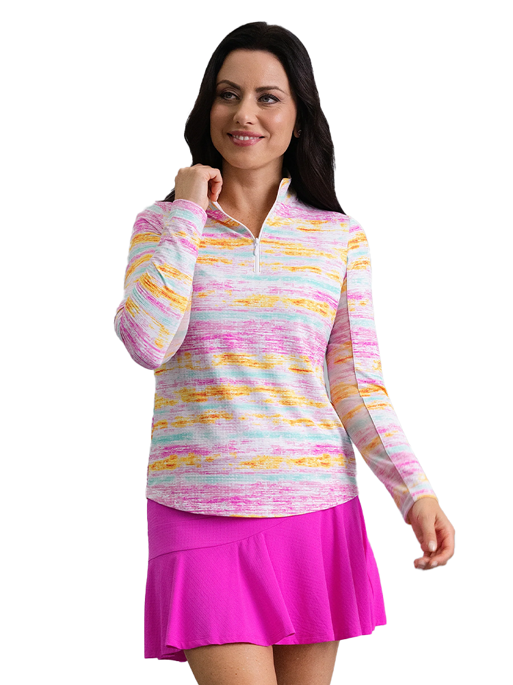 IBKUL Gia Long Sleeve Mock Neck Top - Hot Pink Multi