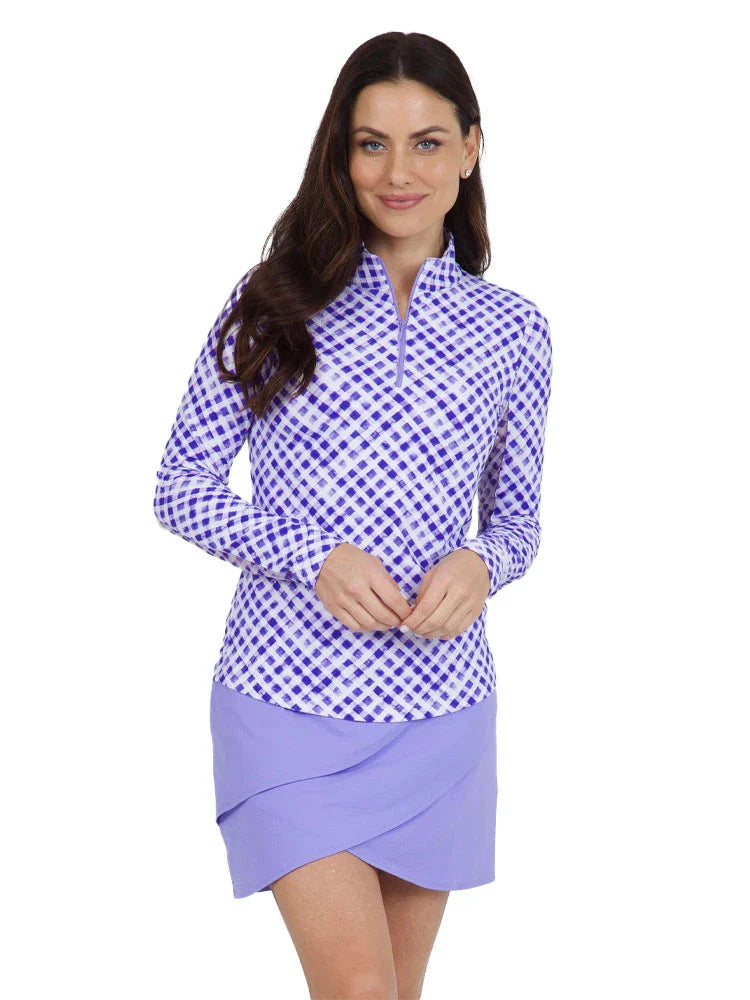 IBKUL Gingham Check Long Sleeve Mock Neck Top - Lavender/White