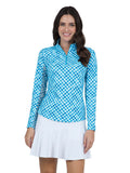 IBKUL Gingham Check Long Sleeve Mock Neck Top - Turquoise/White