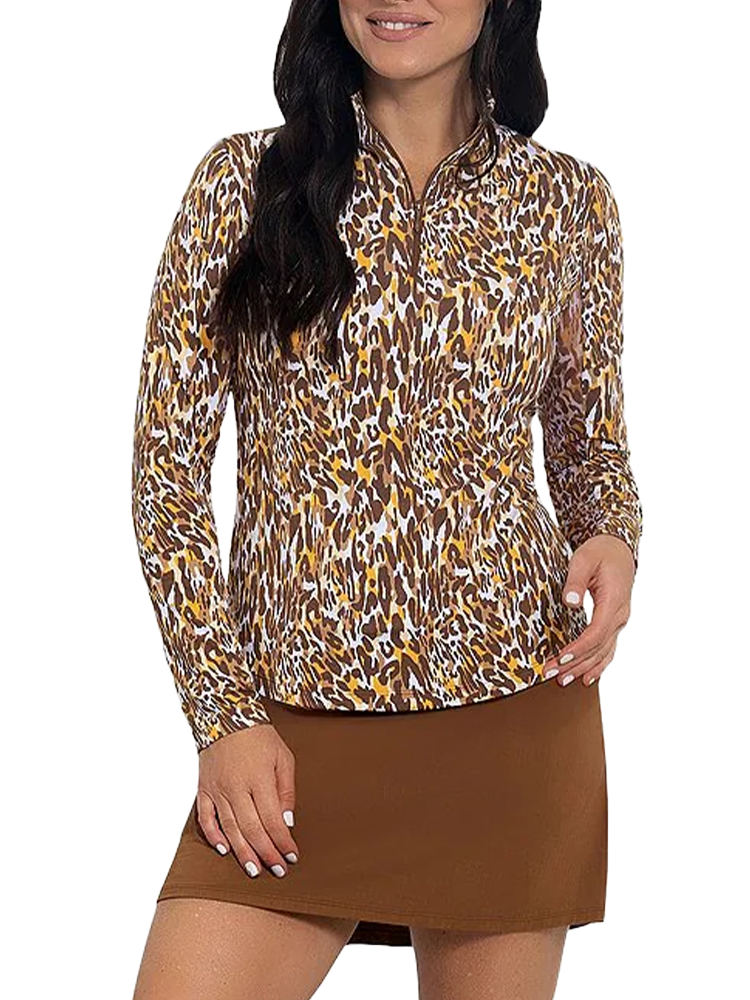 IBKUL Karen Long Sleeve Mock Neck Top - Brown/Tan