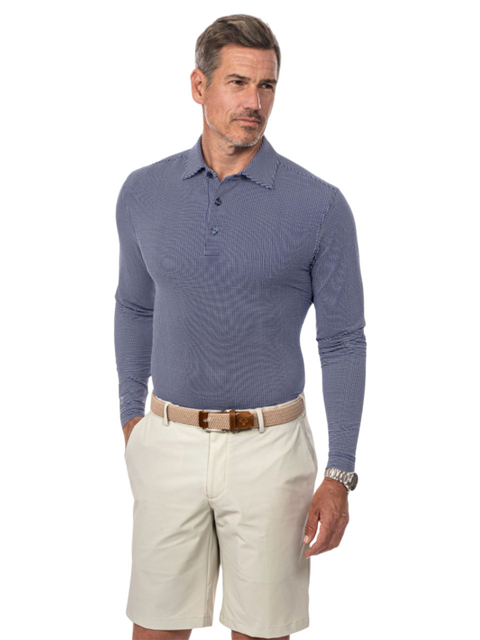 IBKUL Mini Check Print Long Sleeve Polo (Modern Fit) - Navy/White