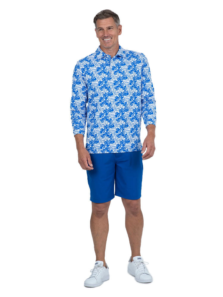 IBKUL Palm Leaf Print Long Sleeve Polo - White/Royal