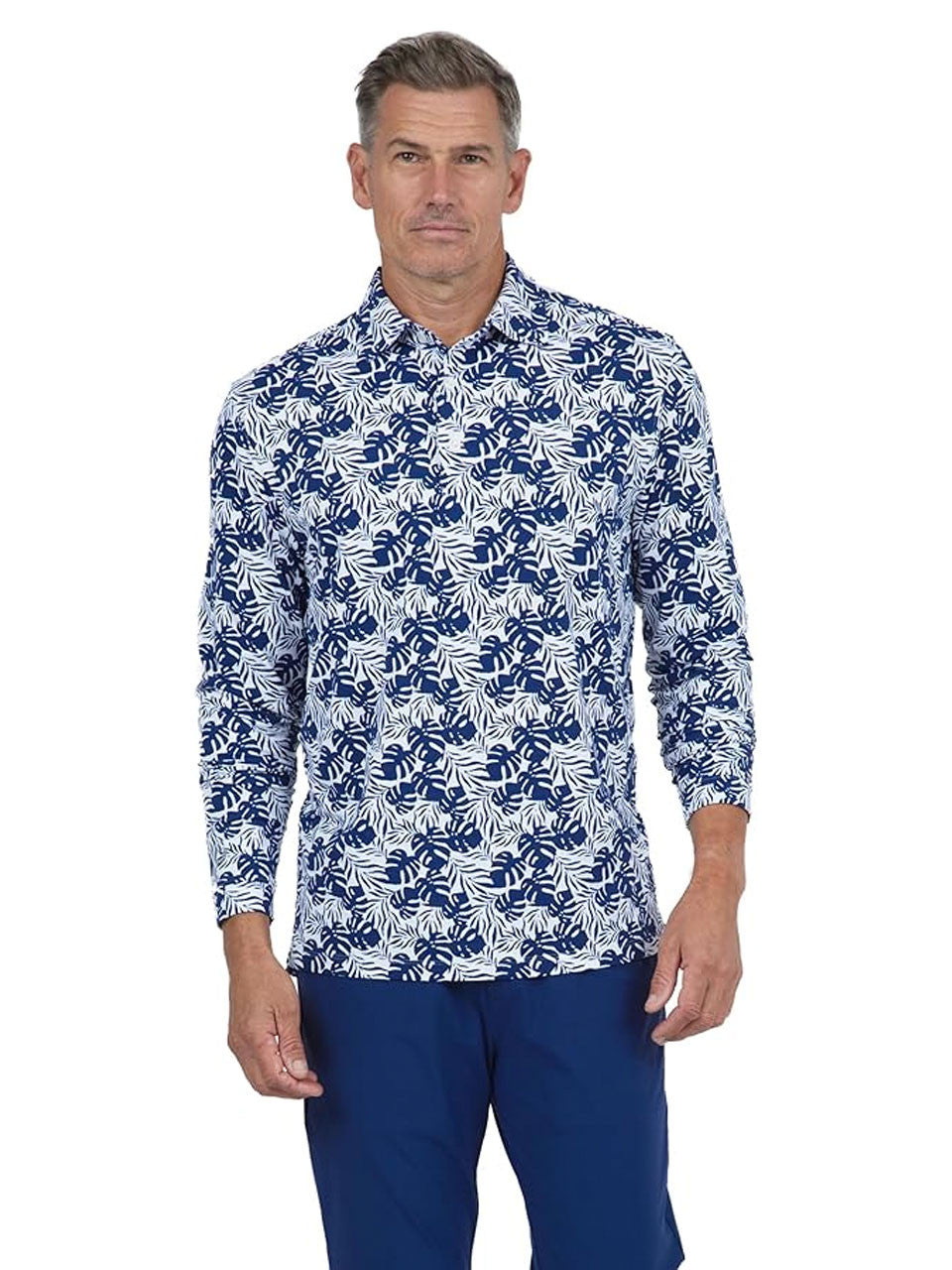 IBKUL Palm Leaf Print Long Sleeve Polo - White/Ink