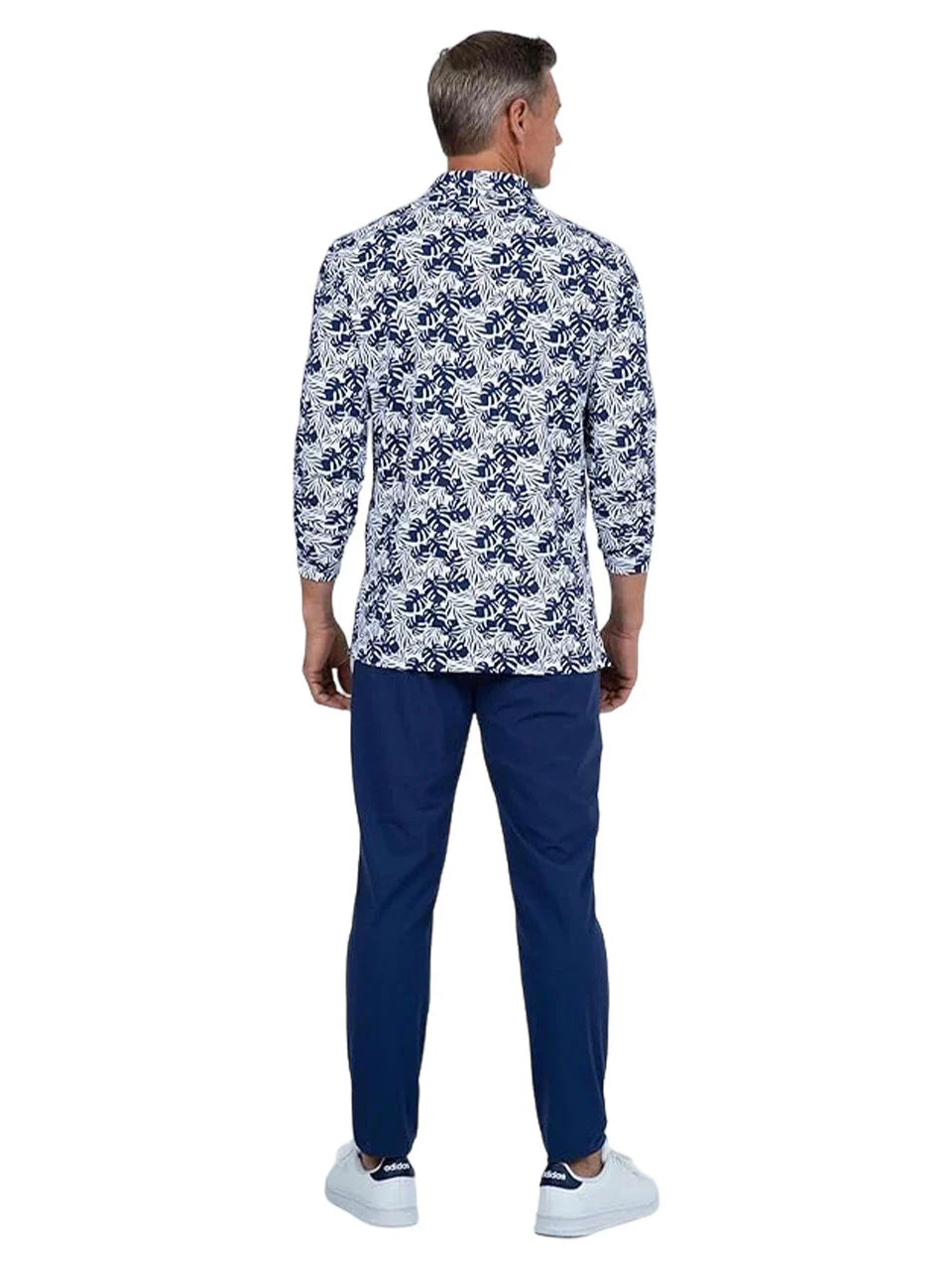 IBKUL Palm Leaf Print Long Sleeve Polo - White/Ink