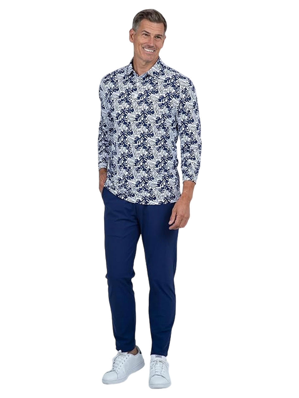 IBKUL Palm Leaf Print Long Sleeve Polo - White/Ink