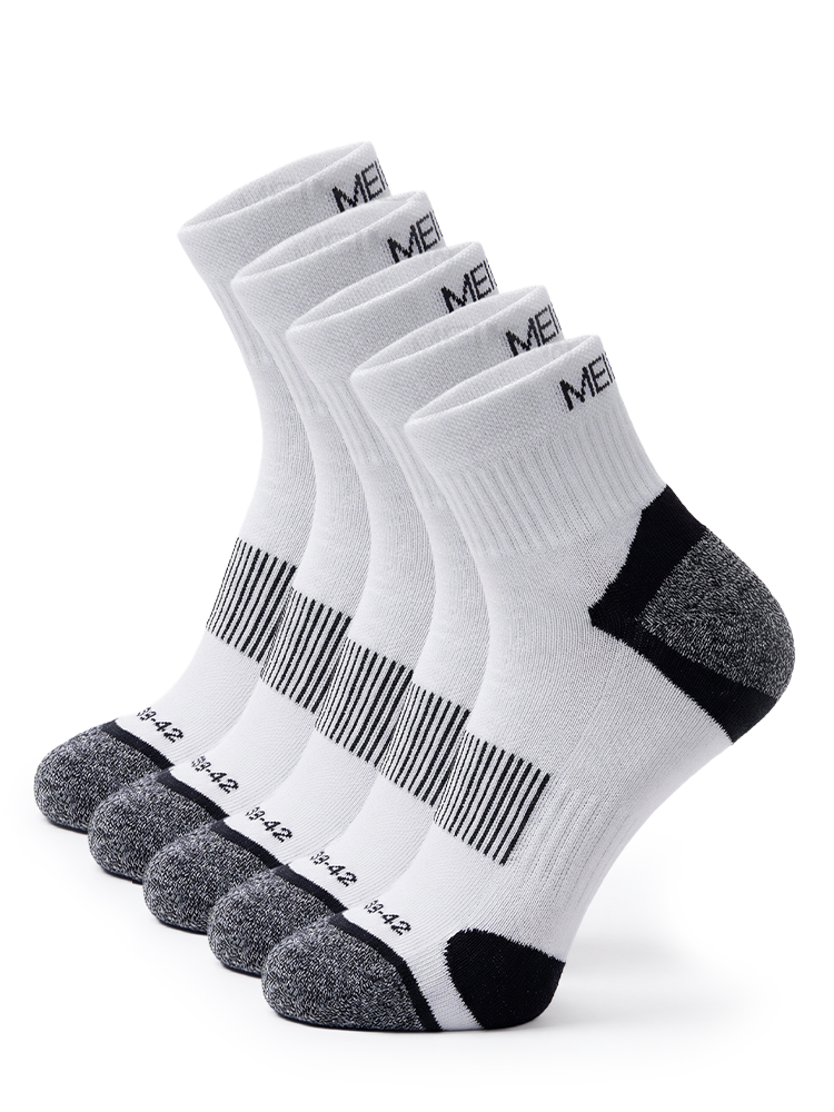 Meikan 5 Pack Quarter Cut Performance Sports Socks - White/Black